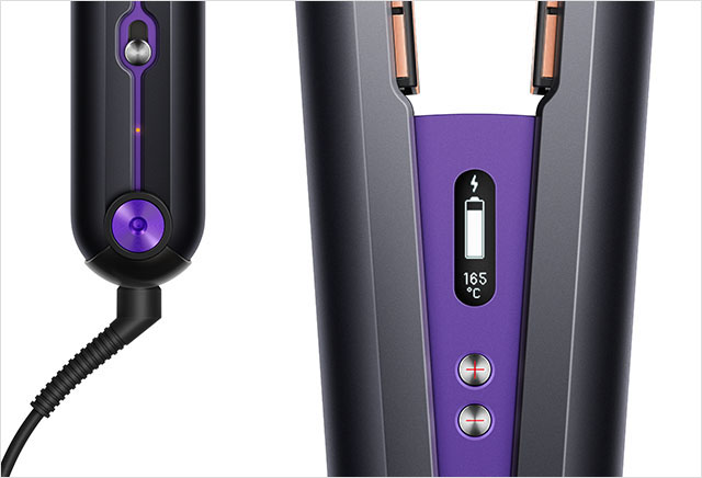 Close up of the charging socket and battery charge display on the Dyson Corrale hair straightener